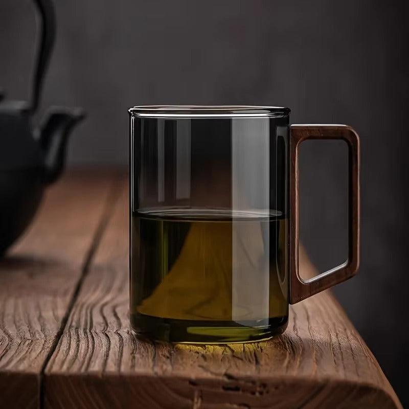 Premium Glass Mug with Walnut Handle for Tea & Coffee